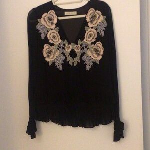 NEW Stevie May Black Top with Floral Embellishments designer